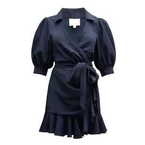 Cinq a Sept Vickie Puff Sleeve Ruffled Mini Wrap Dress Navy Blue V Neck 2 XS